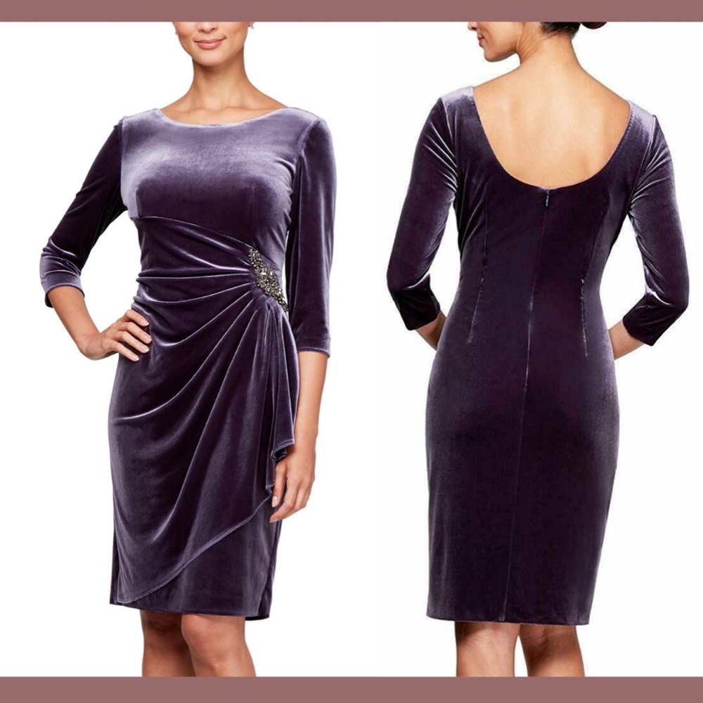 NEW $159 Alex Evenings [ 14 ] Side Ruched Velvet‎ Dress in Amethyst Purple